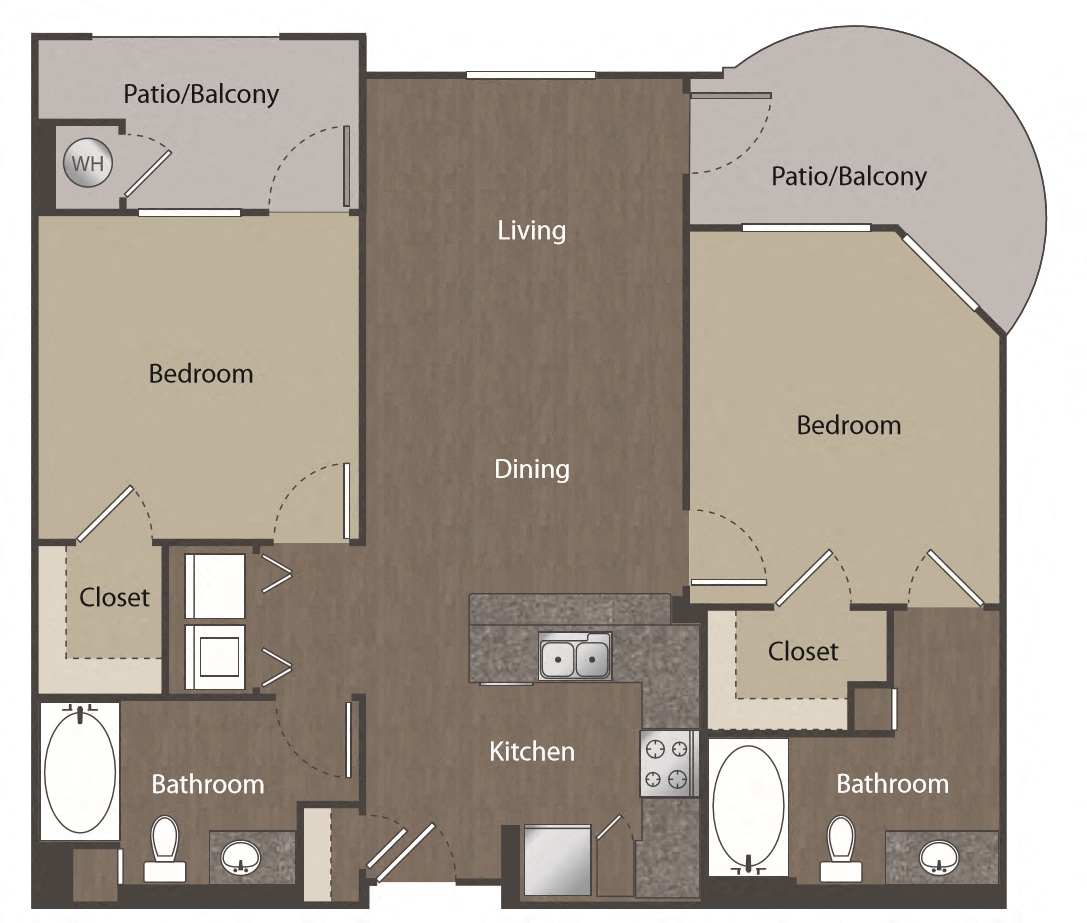 Floor plan for 2 beds, 2 baths, 1132 sqft